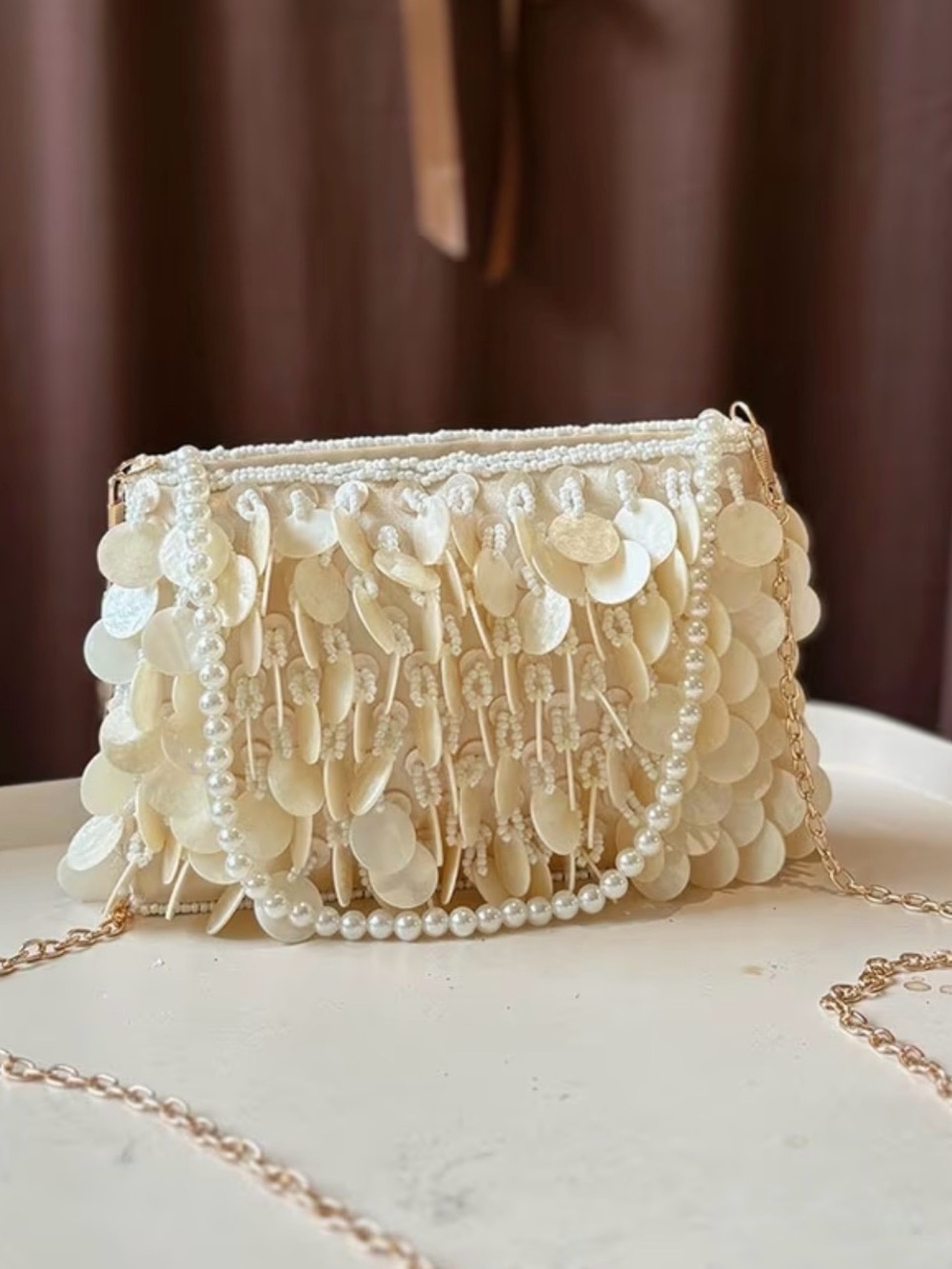 Pearl Sequin Cream Evening Clutch